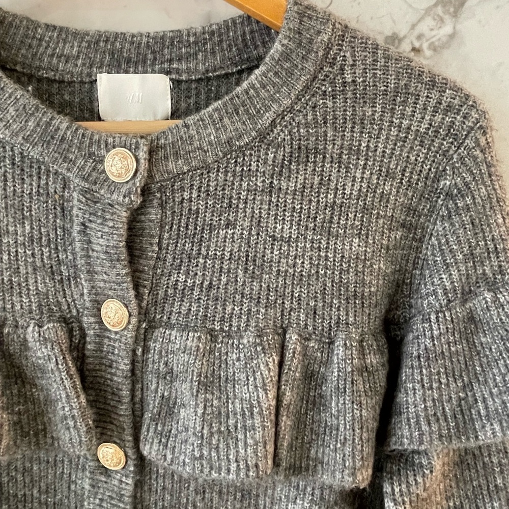 Grey Ruffled Button-Up Sweater - Picture 3 of 4
